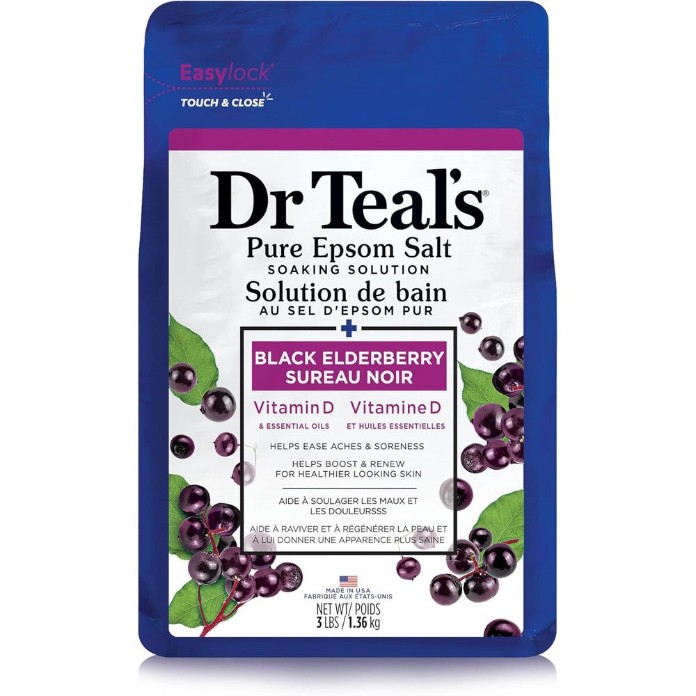 Dr Teal's Pure Epsom Salt Soak Black Elderberry front packaging view for muscle relief