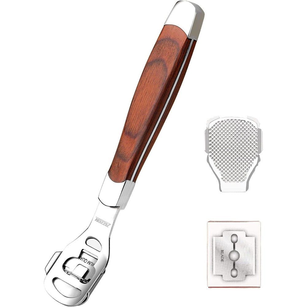 ZIZZON Foot Care Pedicure Callus Shaver with premium wood handle shown from the front angle