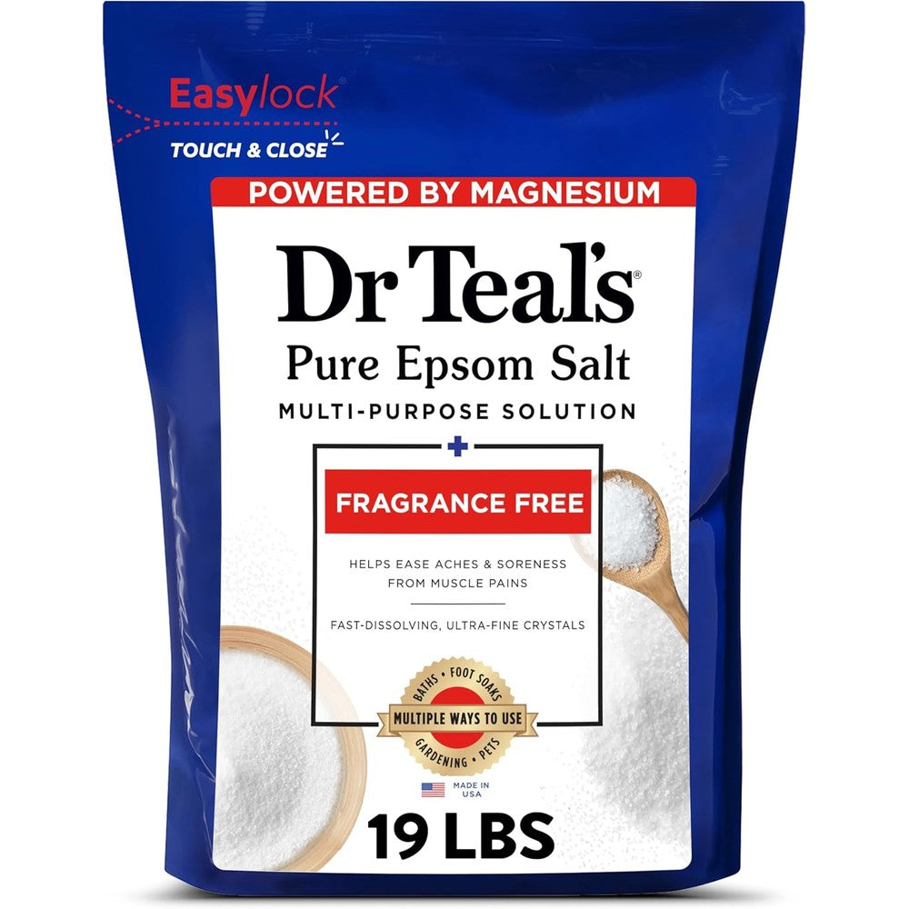 Dr Teal's Pure Epsom Salt Fragrance Free nineteen pounds front view packaging