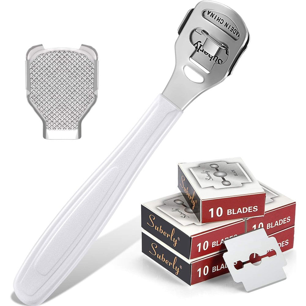 Zhehao 52 Pieces Callus Shaver Set front view displaying the stainless steel handle and replacement blade packs