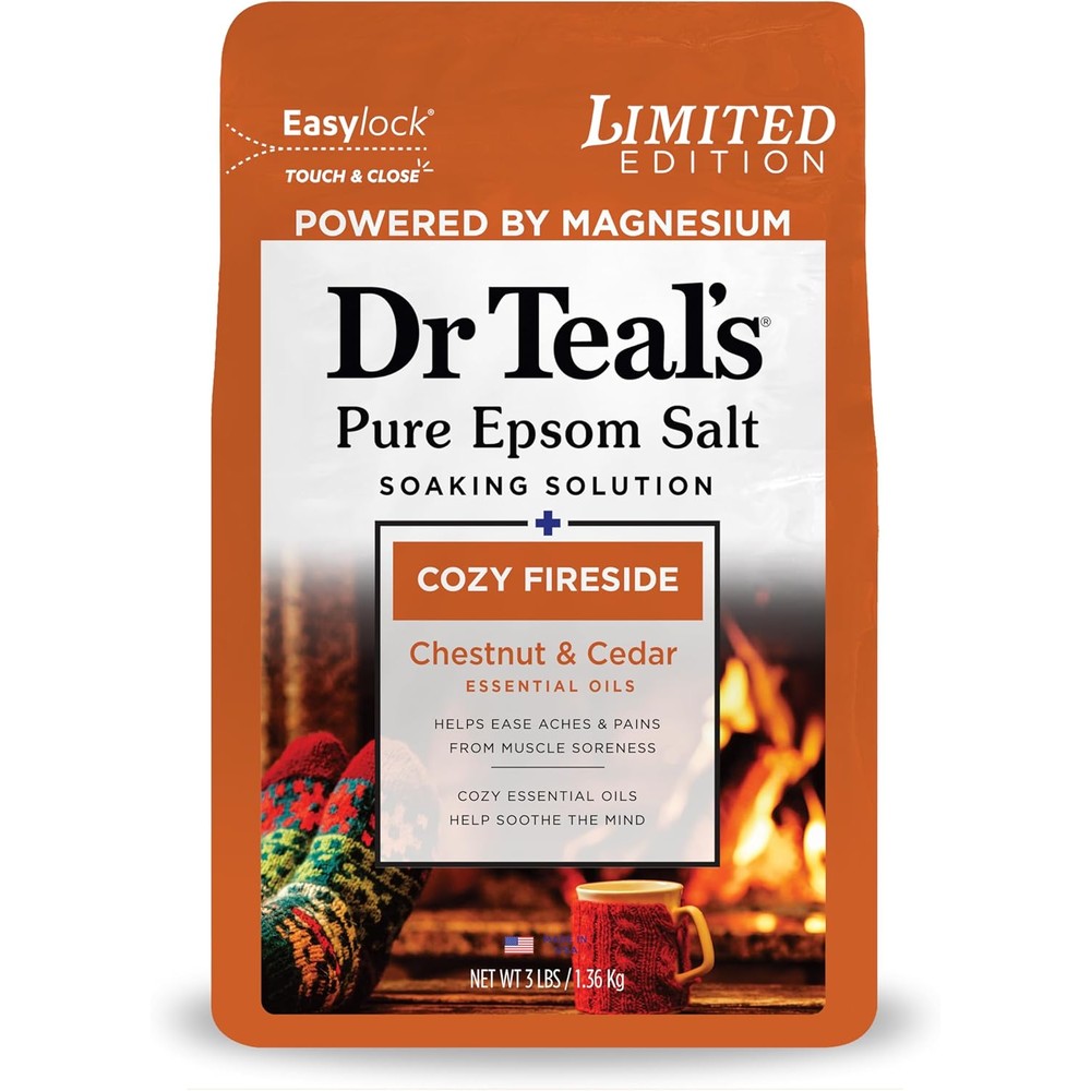 Dr Teal's Epsom Salt Magnesium Soak Cozy Fireside 3 pounds front view packaging