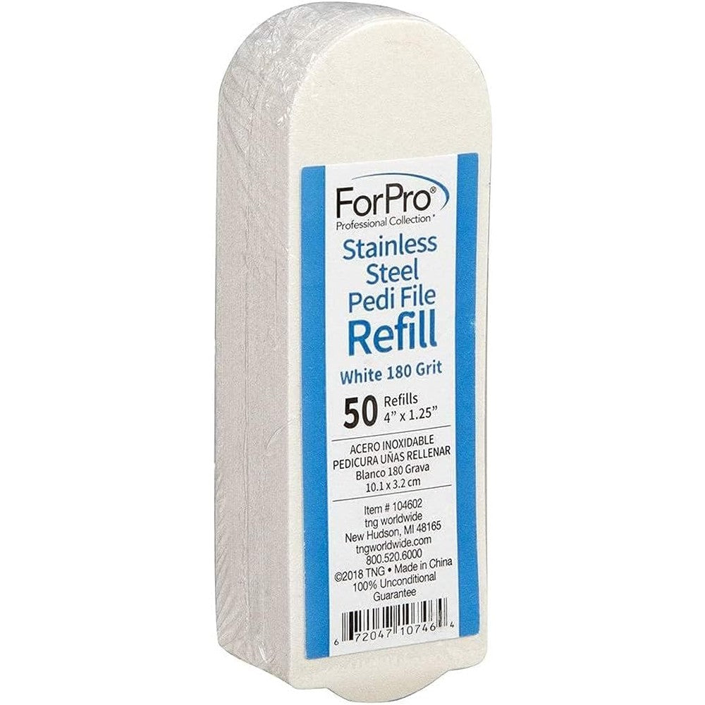 ForPro Professional Collection stainless steel pedicure file refill pack front view showing white abrasive pads.