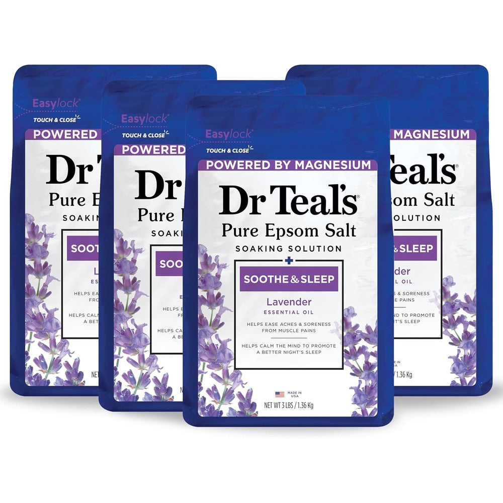 Dr Teal's Pure Epsom Magnesium Salt Soak Lavender 3 pound bag front view for muscle relaxation