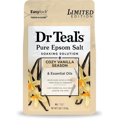 Dr Teal's Epsom Salt Magnesium Soak Cozy Vanilla Season 3 pounds front view bag for muscle relaxation.