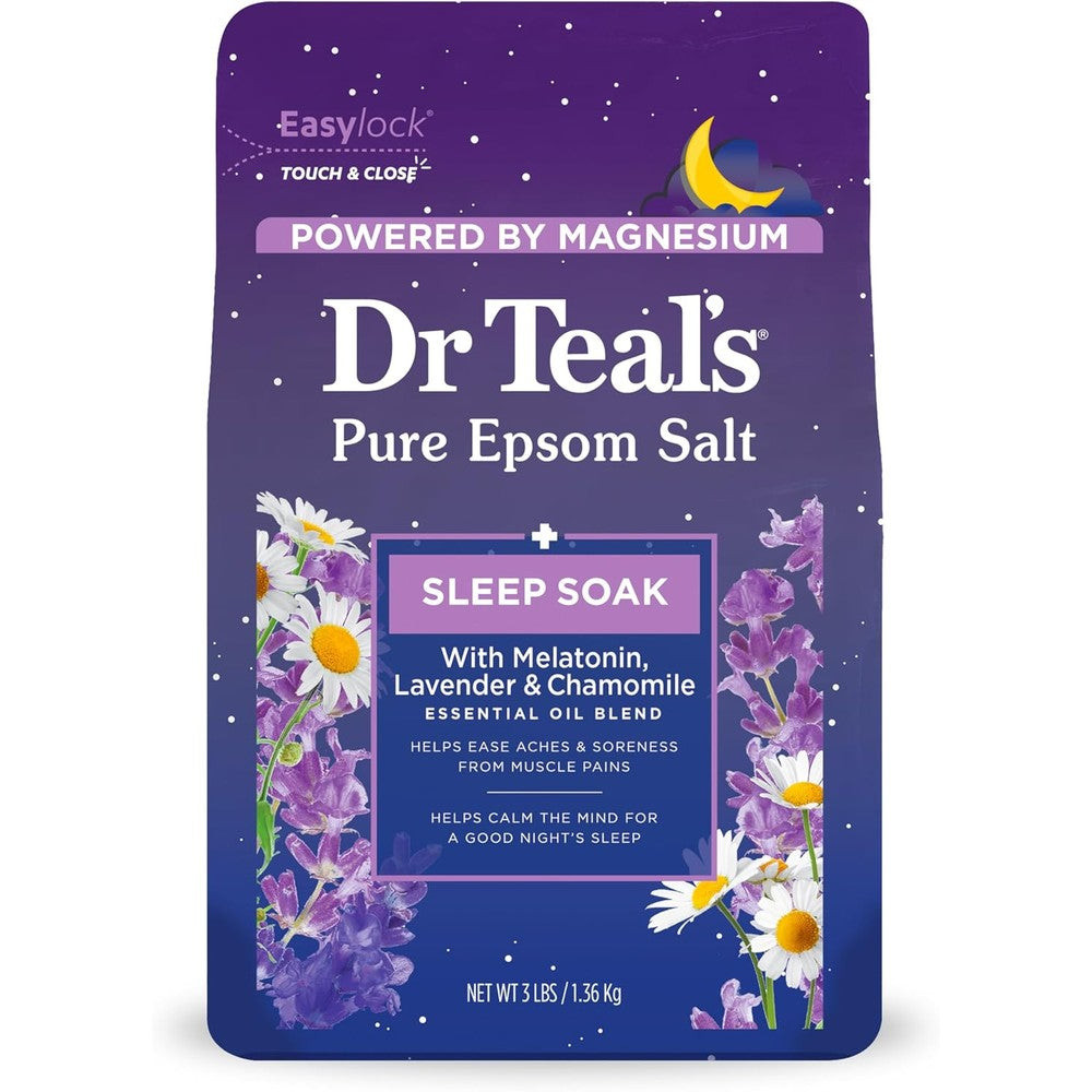 Dr Teal's Pure Epsom Salt Sleep Soak 3 pounds front view package for nighttime muscle relaxation