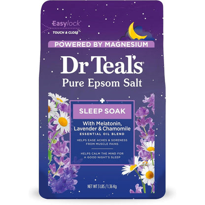 Dr Teal's Pure Epsom Salt Sleep Soak 3 pounds front view package for nighttime muscle relaxation