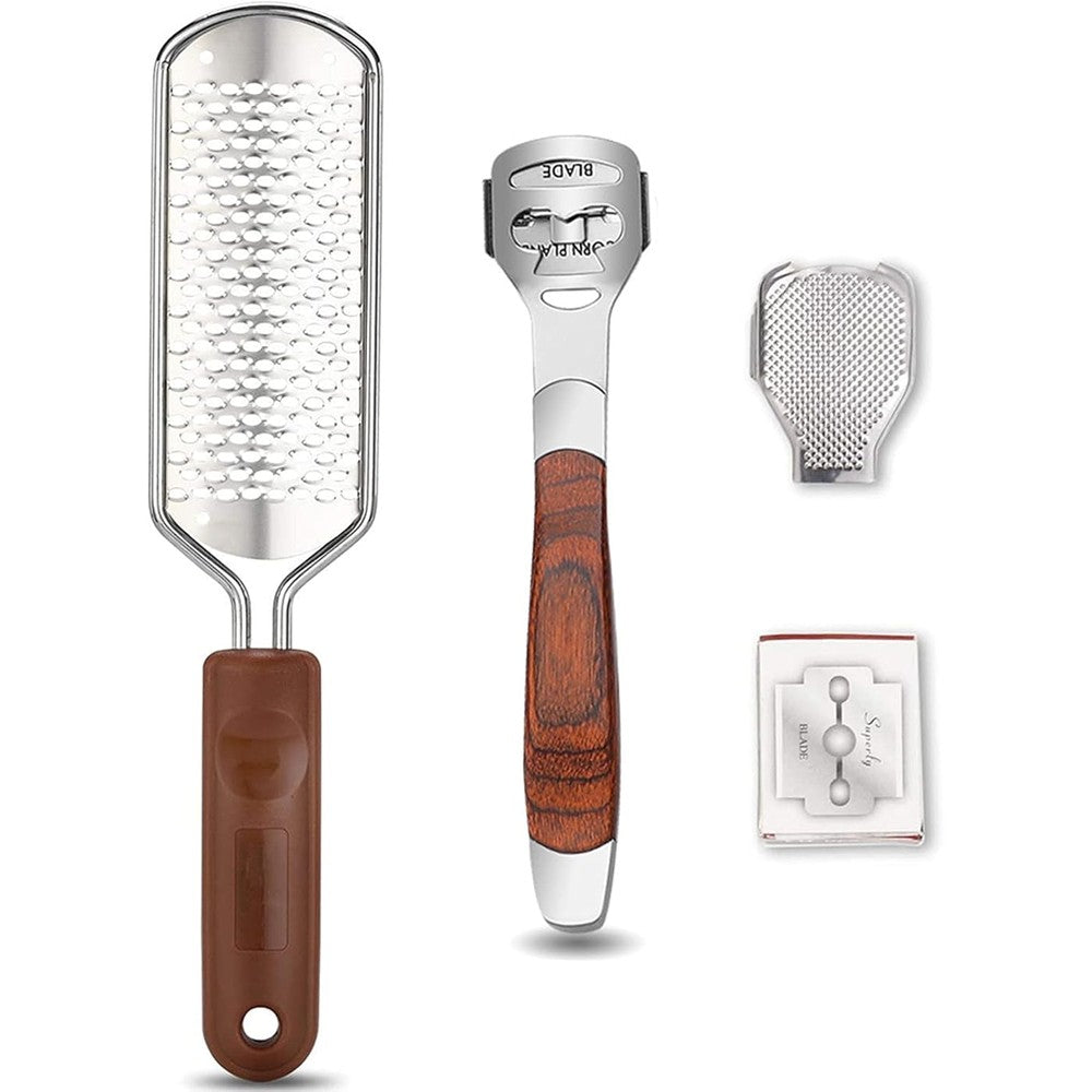 Vusoset Colossal Foot Rasp and Wood Handle Callus Shaver kit showcasing the front view of the pedicure tools.