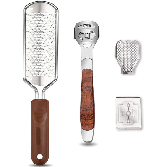Vusoset Colossal Foot Rasp and Wood Handle Callus Shaver kit showcasing the front view of the pedicure tools.