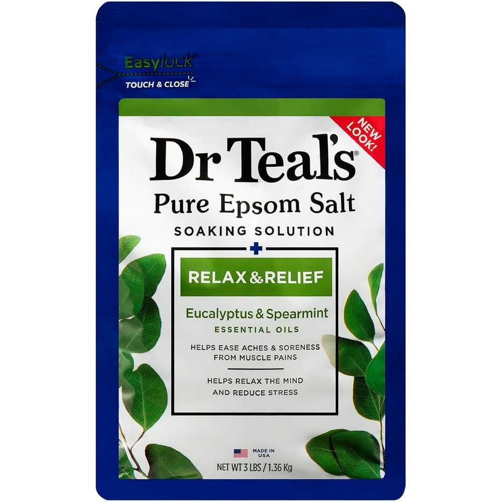 Dr Teal's Epsom Salt Magnesium Soak front view packaging showing eucalyptus and spearmint formulation.