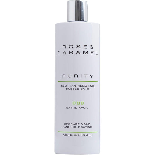 Rose and Caramel Purity Self Tan Removing Bubble Bath bottle front view