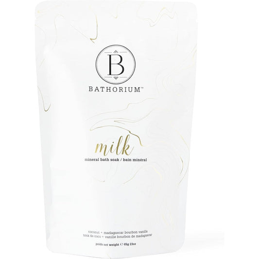 Bathorium Milk Mineral Bath Soak front view with coconut and vanilla