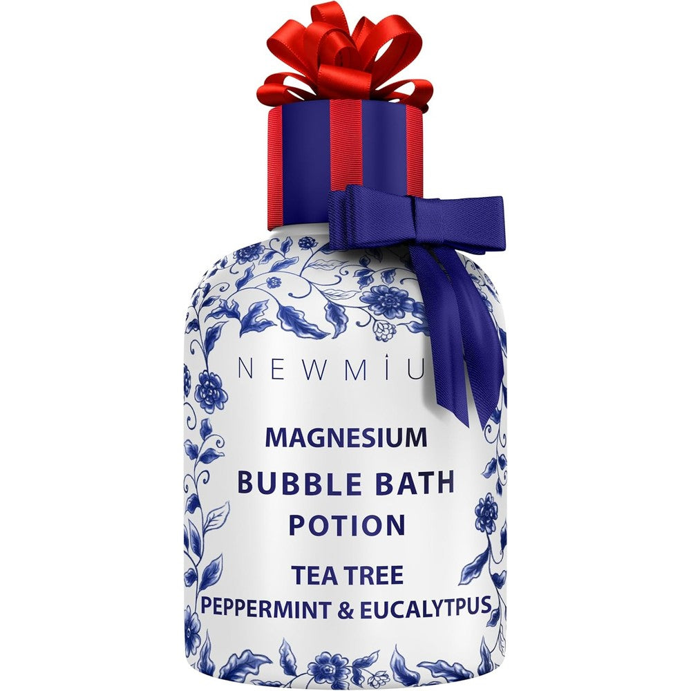 New Miuz magnesium bubble bath front view in blue and white porcelain bottle