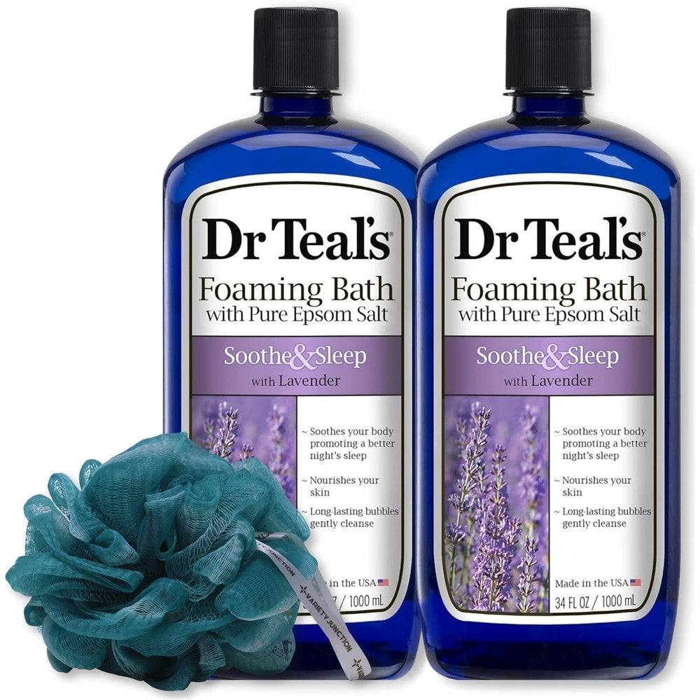 Dr Teal's lavender foaming bath bottles front view with sponge