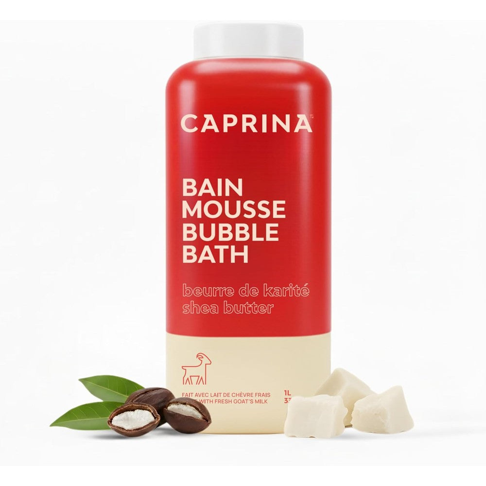 Caprina Fresh Goat's Milk Bubble Bath front view showing the 1 Liter bottle and shea butter label.