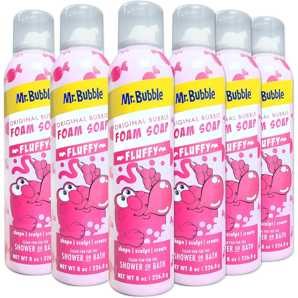 Mr. Bubble Original Foam Soap front view showing six cans in a row