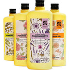 Serenity Sanctuary bubble bath gift set front view featuring four scented bottles.