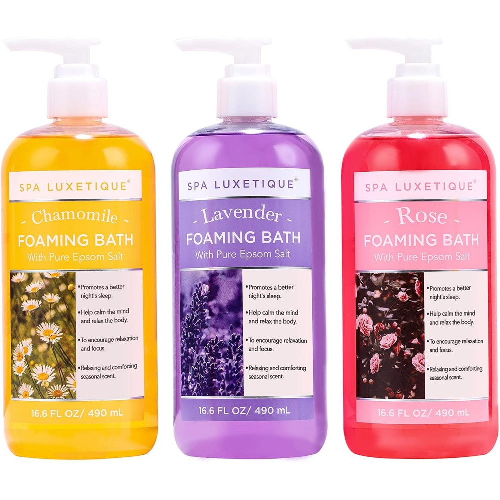 Spa Luxetique foaming bath front view of the 3 pack bottles