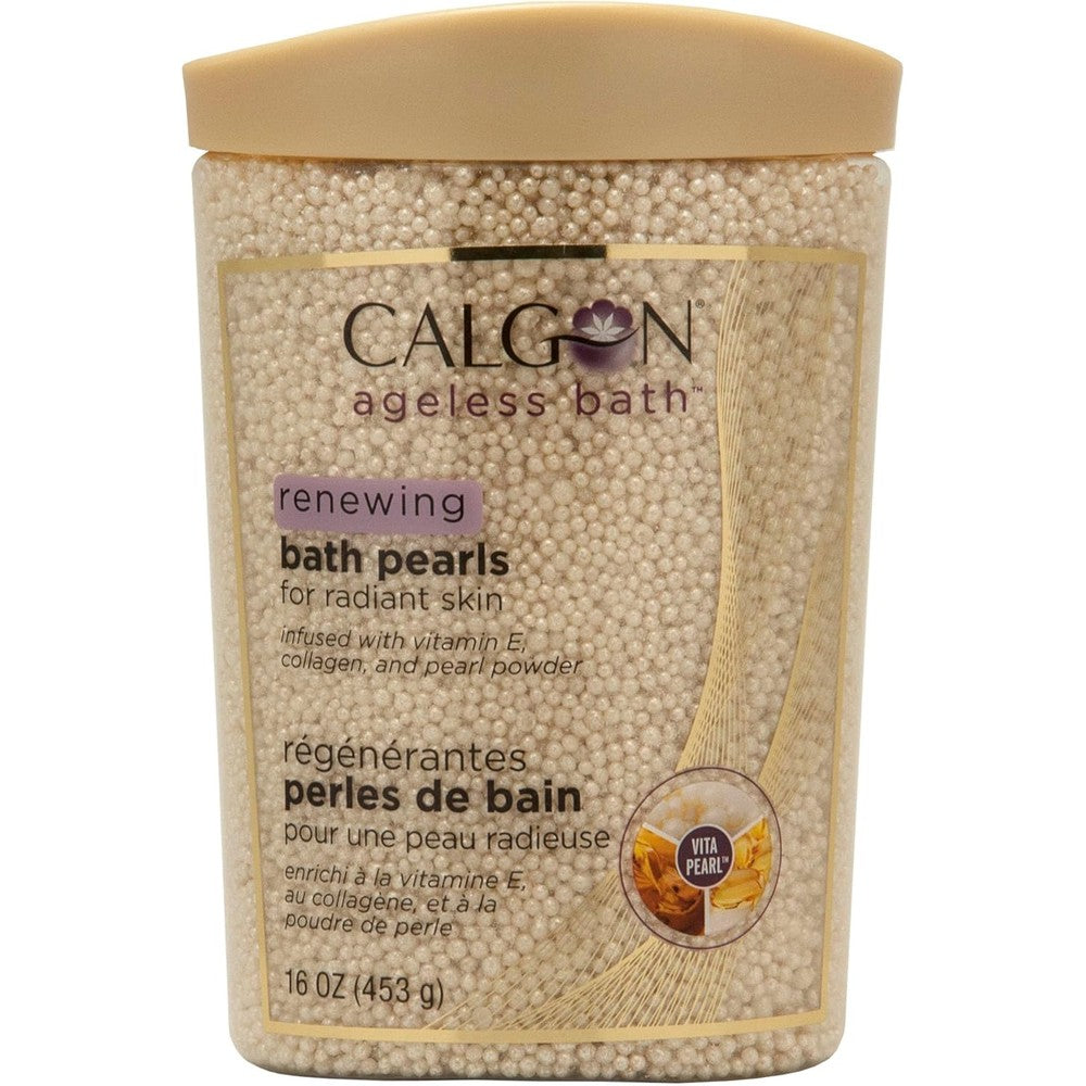 Calgon Ageless Bath Renewing Pearls 16 Ounce front view jar