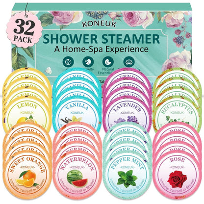 KONEUK 32 Pack Shower Steamers Aromatherapy gift set with 8 different essential oil scents