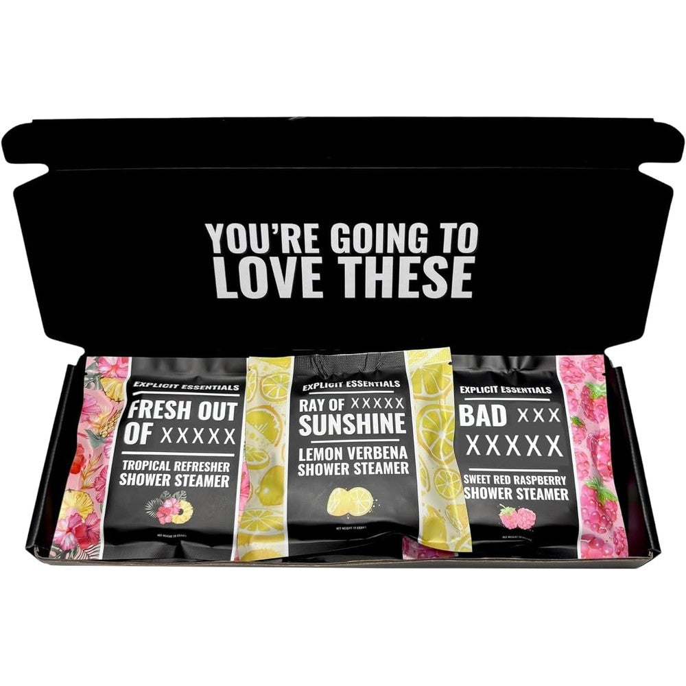 Explicit Essentials shower steamers gift set front view showing packaging
