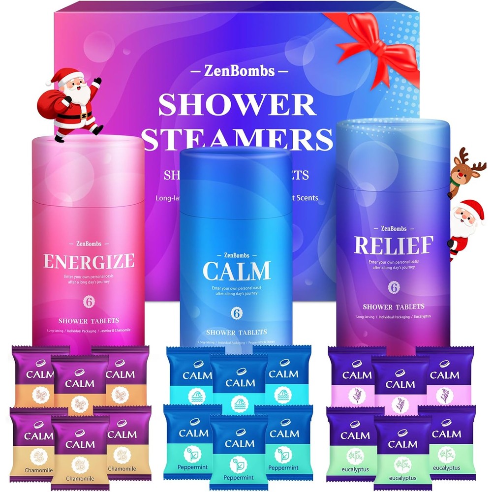 ZenBombs shower steamers gift set front view showing the 18 pack box