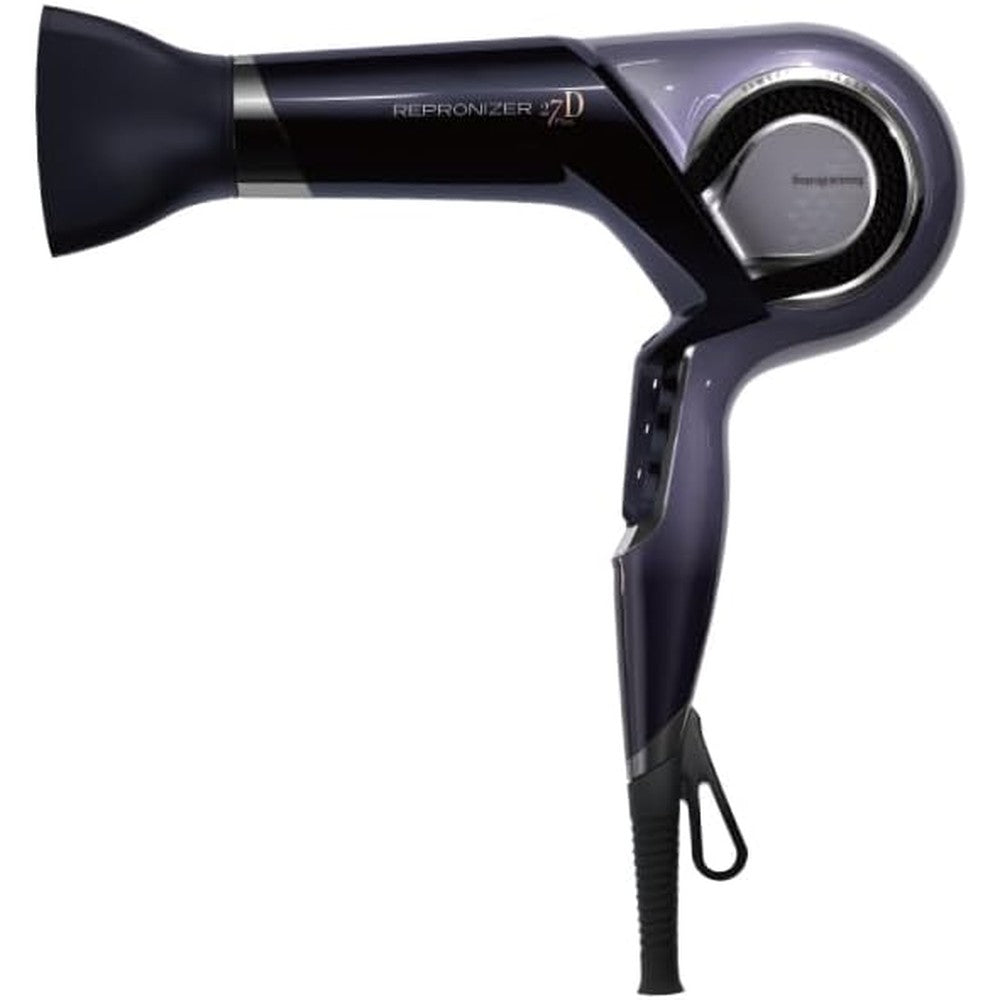 Bioprogramming Repronizer 27D Plus luxury hair dryer front view showing sleek metallic violet accents