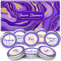 Jo E Ryan Designs shower steamers gift box front view featuring purple packaging and essential oil labels
