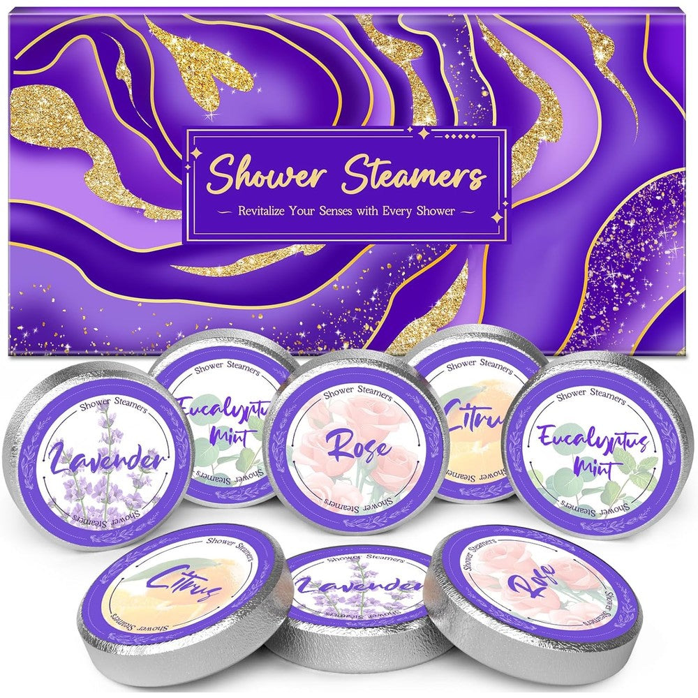 Jo E Ryan Designs shower steamers aromatherapy front view of purple and gold gift box