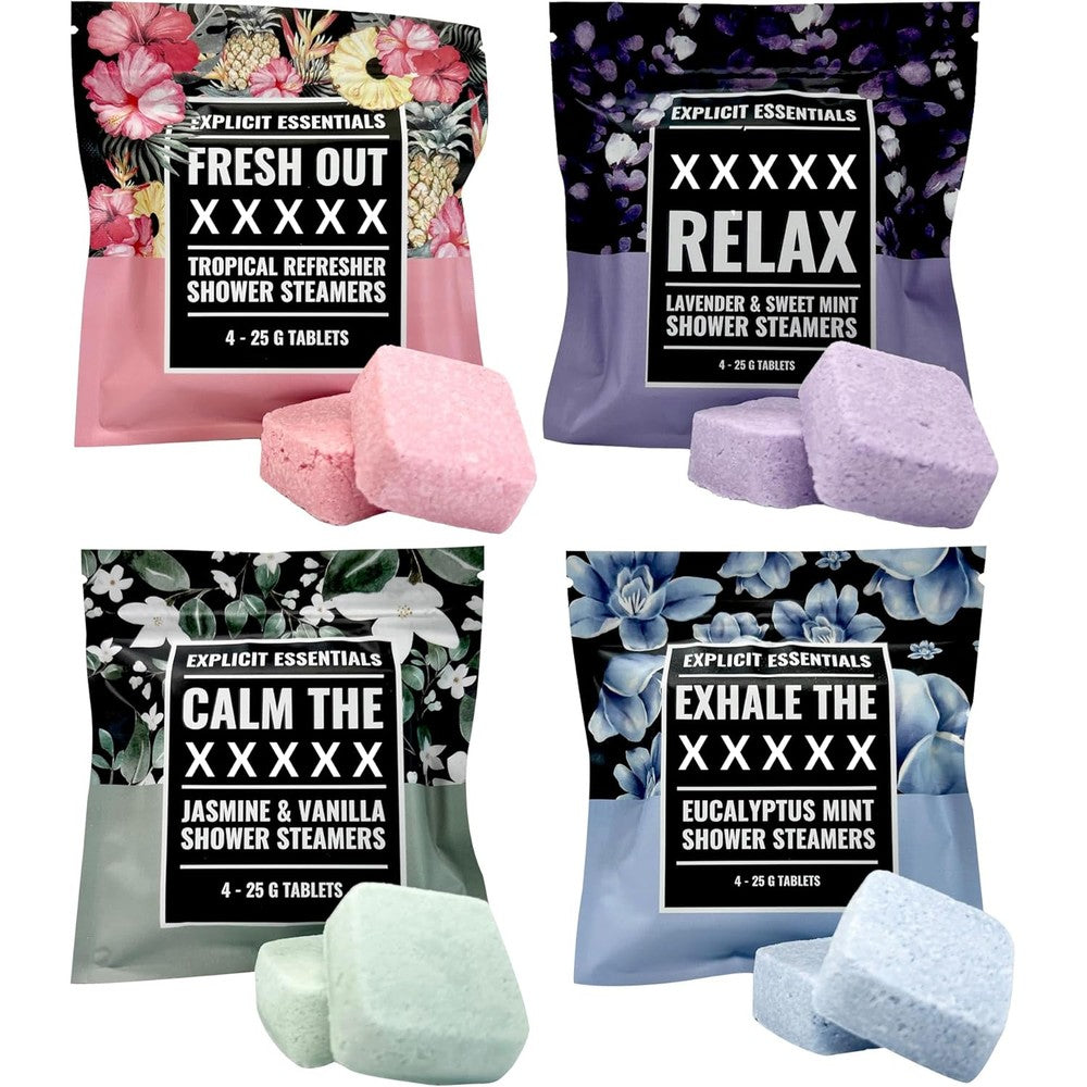 Explicit Essentials Shower Steamers Gift Set front view of the packaging showcasing four funny handmade aromatherapy shower bombs