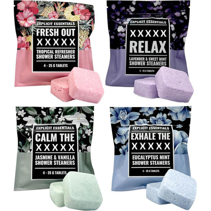 Explicit Essentials Shower Steamers Gift Set front view of the packaging showcasing four funny handmade aromatherapy shower bombs