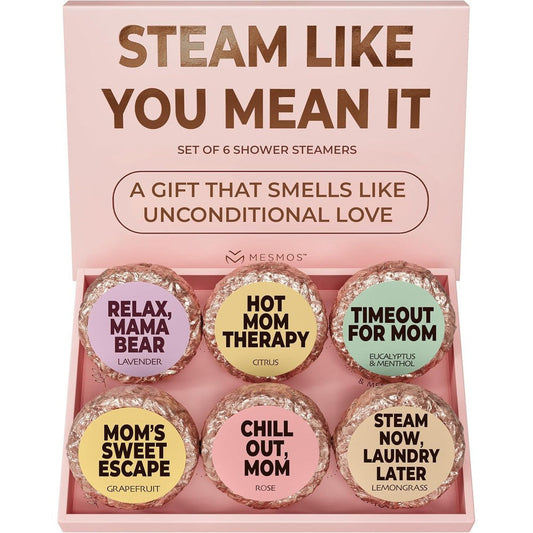 MESMOS 6 Assorted Shower Steamers Aromatherapy gift box front view showcasing wellness packaging.