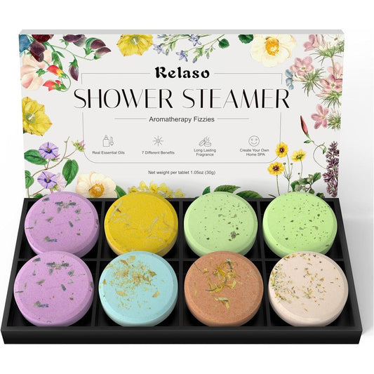 Relaso shower steamers aromatherapy eight pack luxury gift box packaging front view showing authentic home spa tablets.