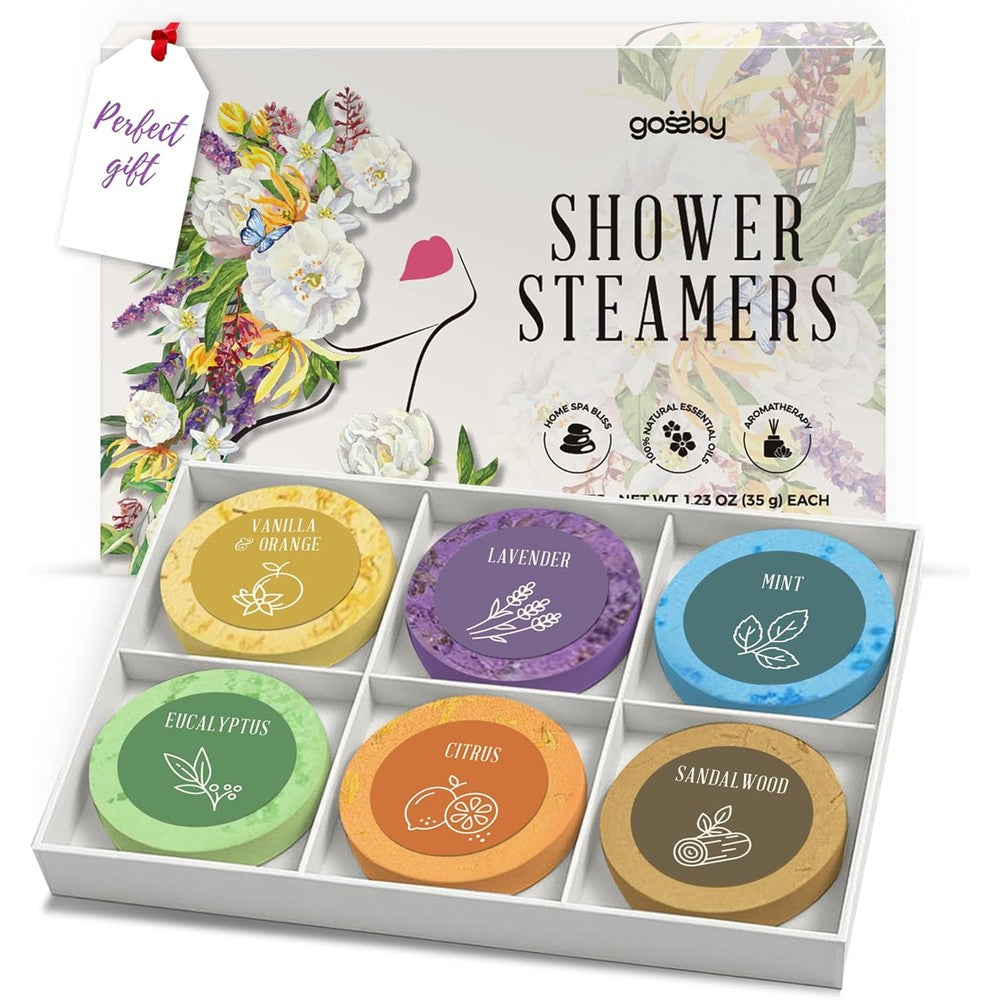 Gossby shower steamers aromatherapy six pack front view showcasing luxury packaging.