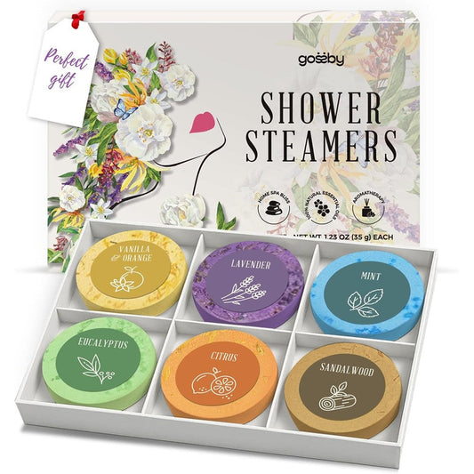 Gossby shower steamers aromatherapy six pack front view showcasing luxury packaging.