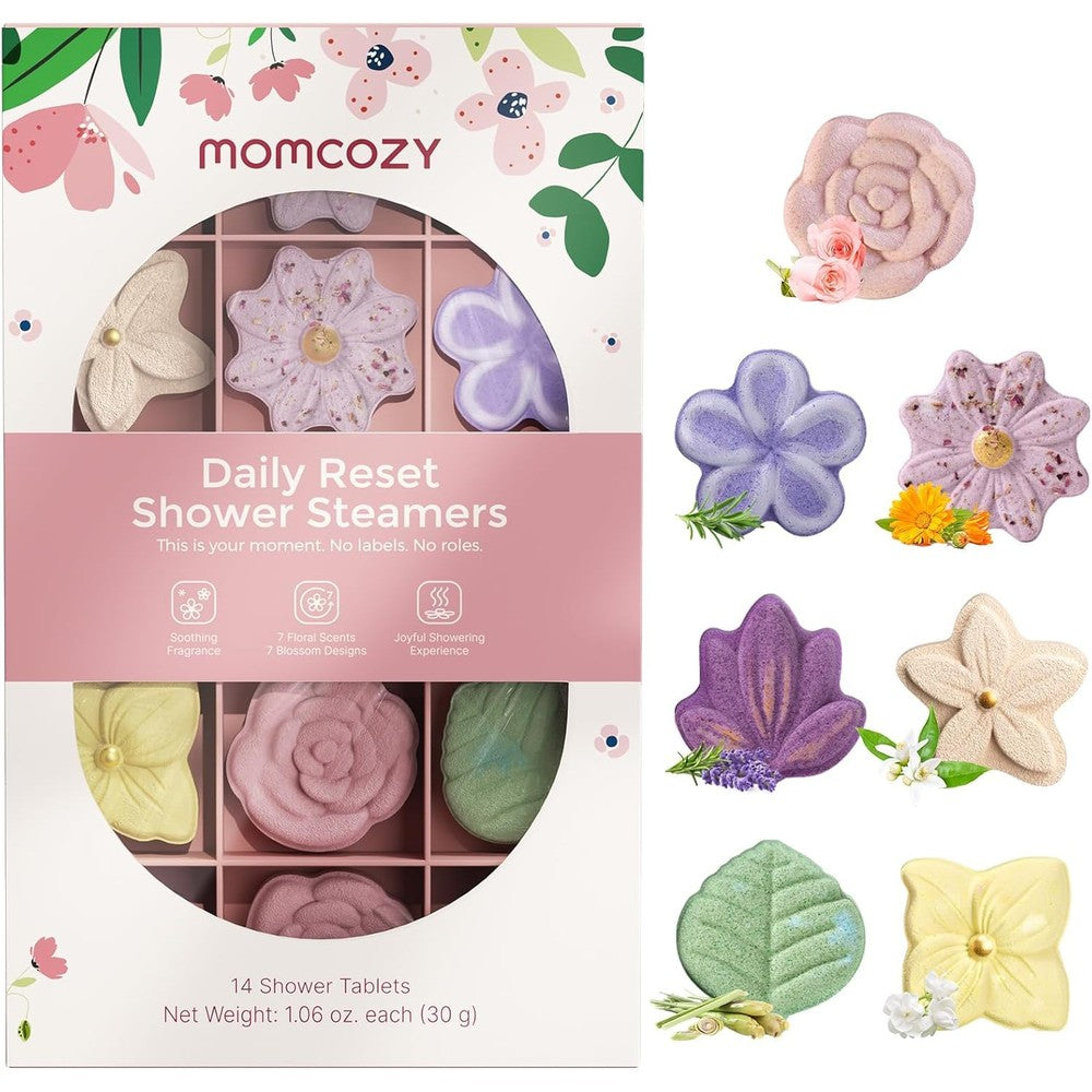 Momcozy 14-Pack Shower Steamers front view packaging and floral tablets