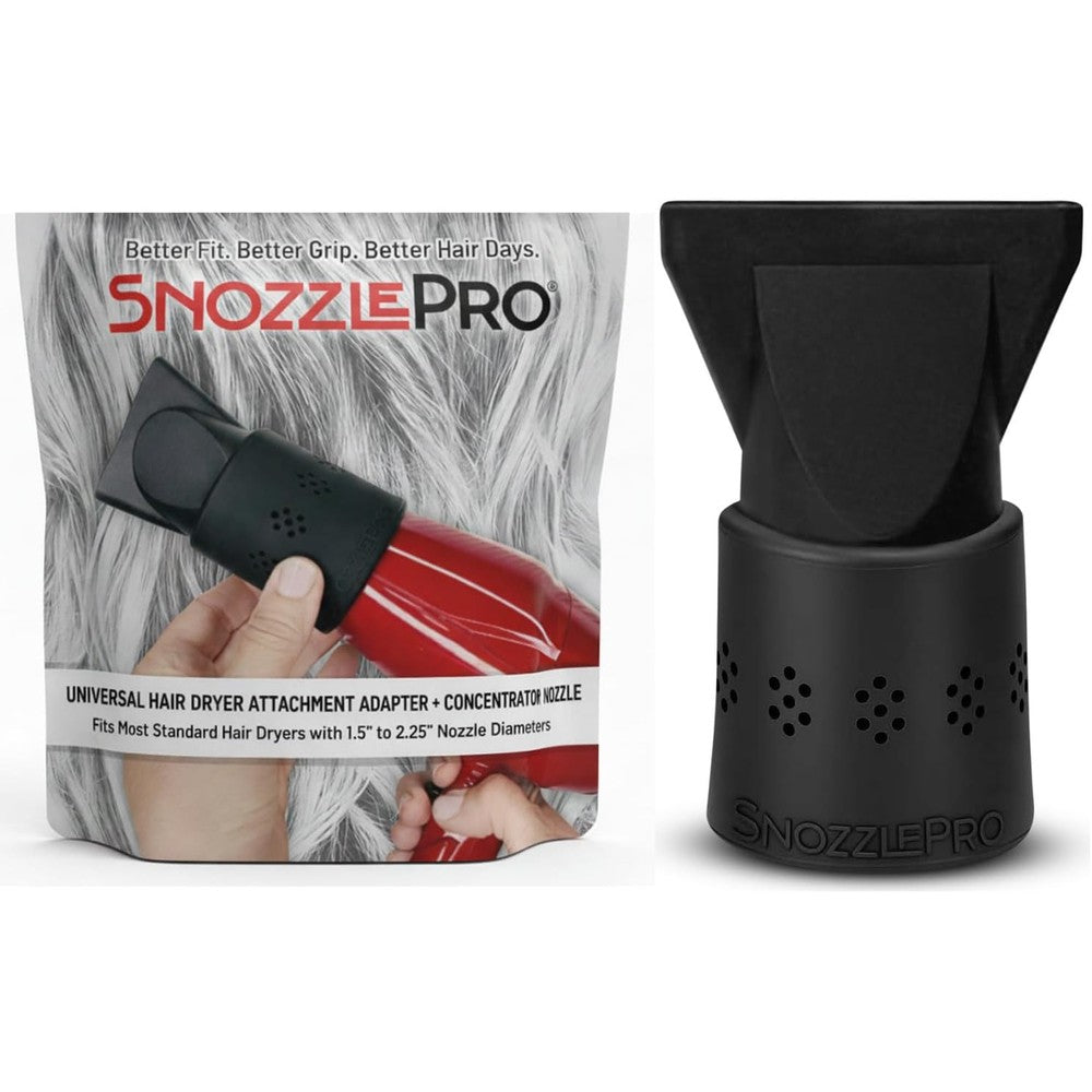 Snozzle Pro universal hair dryer nozzle adapter and concentrator set front view showcasing patented silicone design.