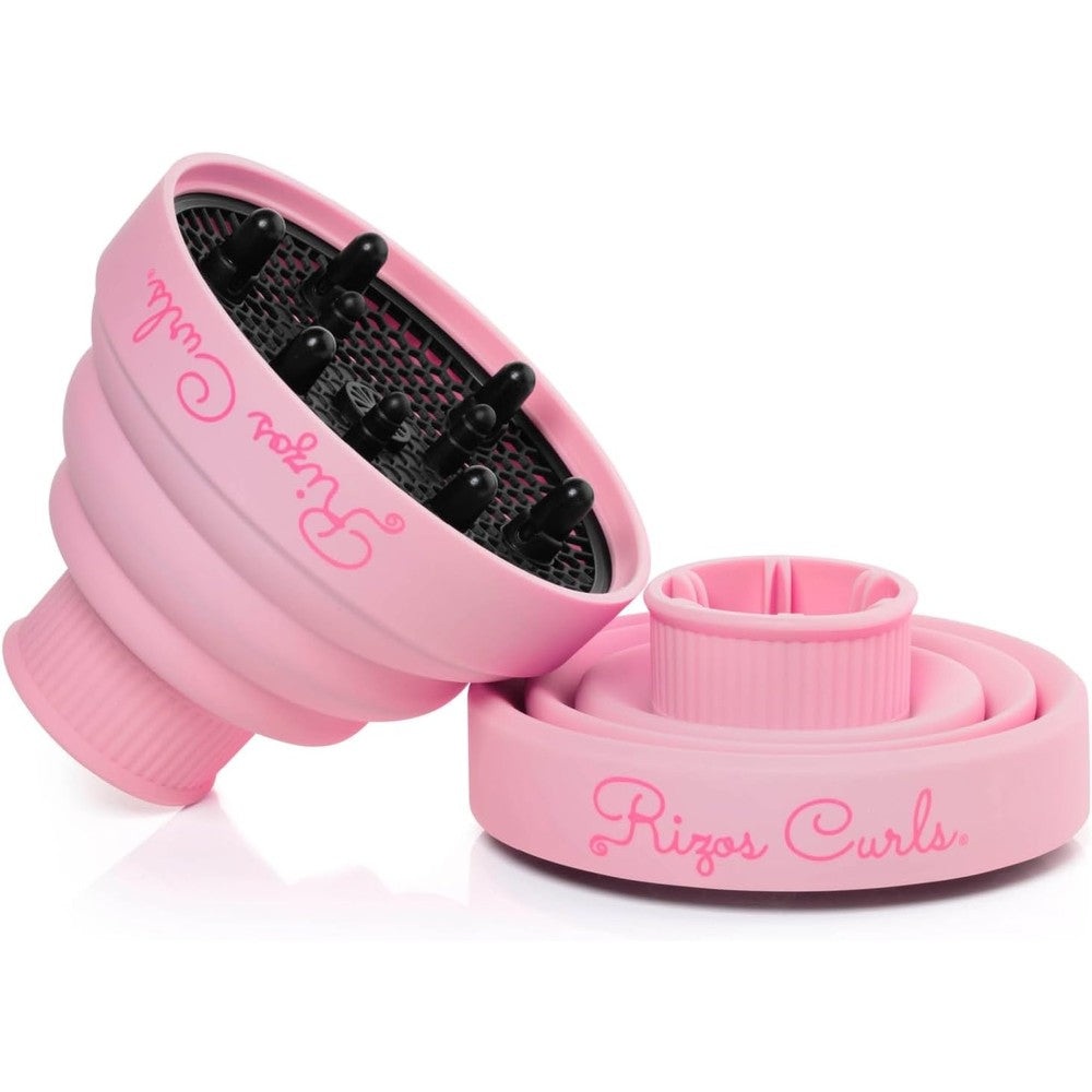Rizos Curls pink collapsible hair diffuser front view attached to hair dryer nozzle