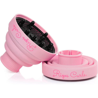 Rizos Curls pink collapsible hair diffuser front view attached to hair dryer nozzle