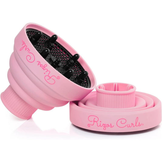 Rizos Curls pink collapsible hair diffuser front view attached to hair dryer nozzle