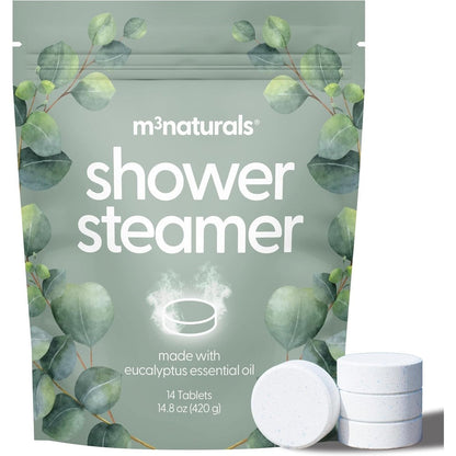 M3 Naturals Eucalyptus Aromatherapy Shower Steamers packaging front view showing fourteen essential oil tablets.
