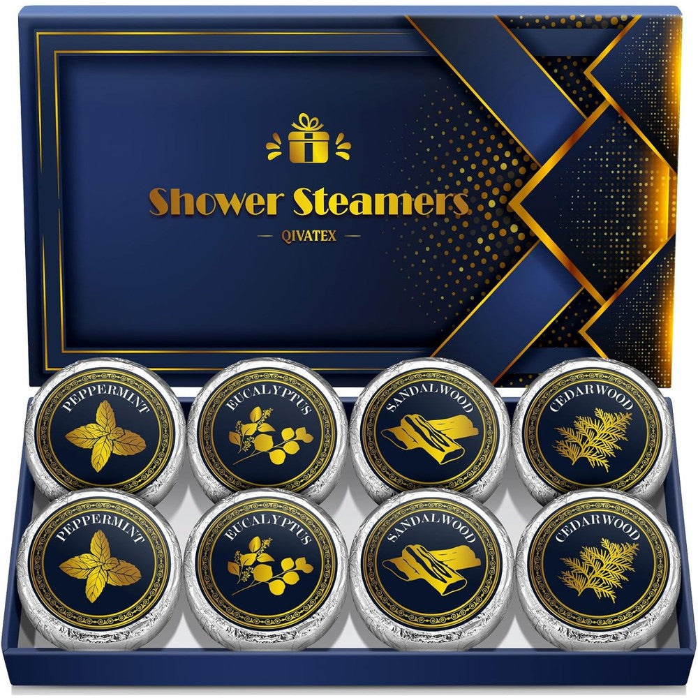 Qivatex aromatherapy shower steamers front view of blue and gold gift packaging.