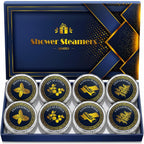 Qivatex aromatherapy shower steamers front view of blue and gold gift packaging.