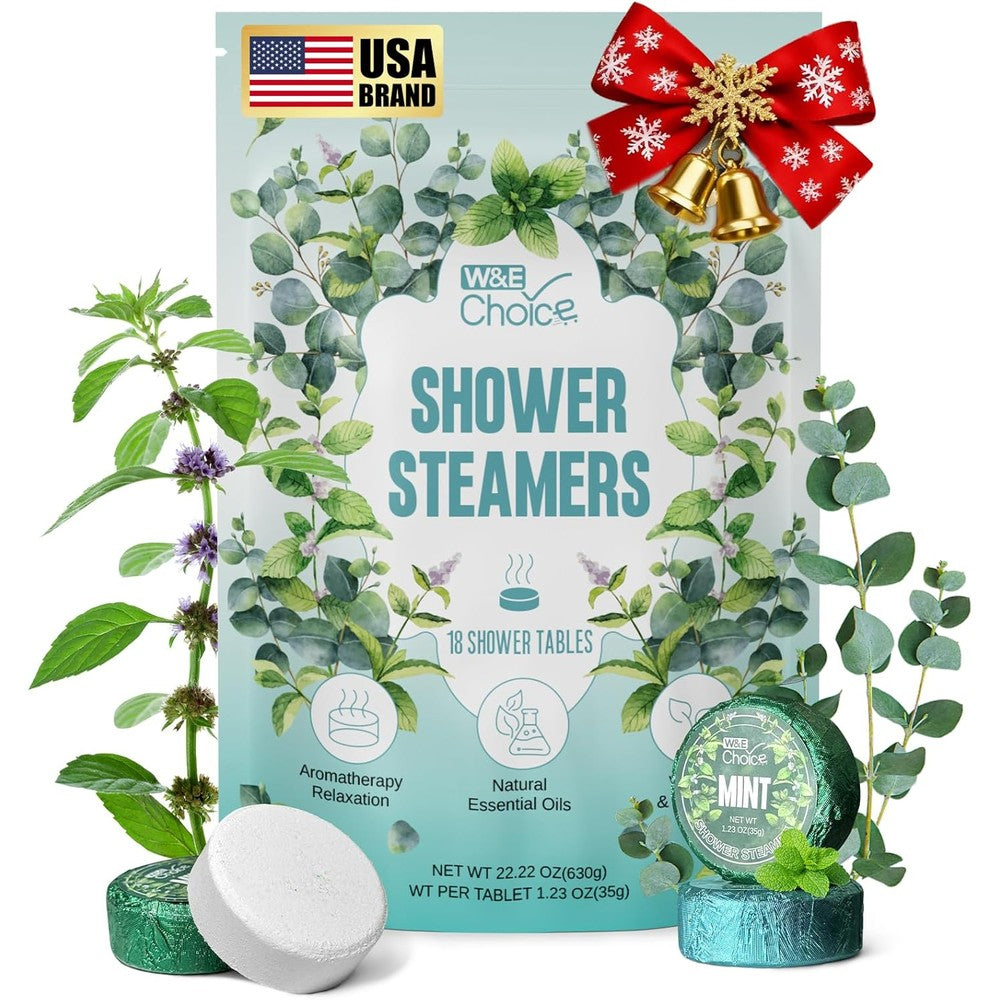 W&E Choice Aromatherapy Shower Steamers front packaging view containing eighteen eucalyptus mint tablets