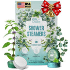 W&E Choice Aromatherapy Shower Steamers front packaging view containing eighteen eucalyptus mint tablets