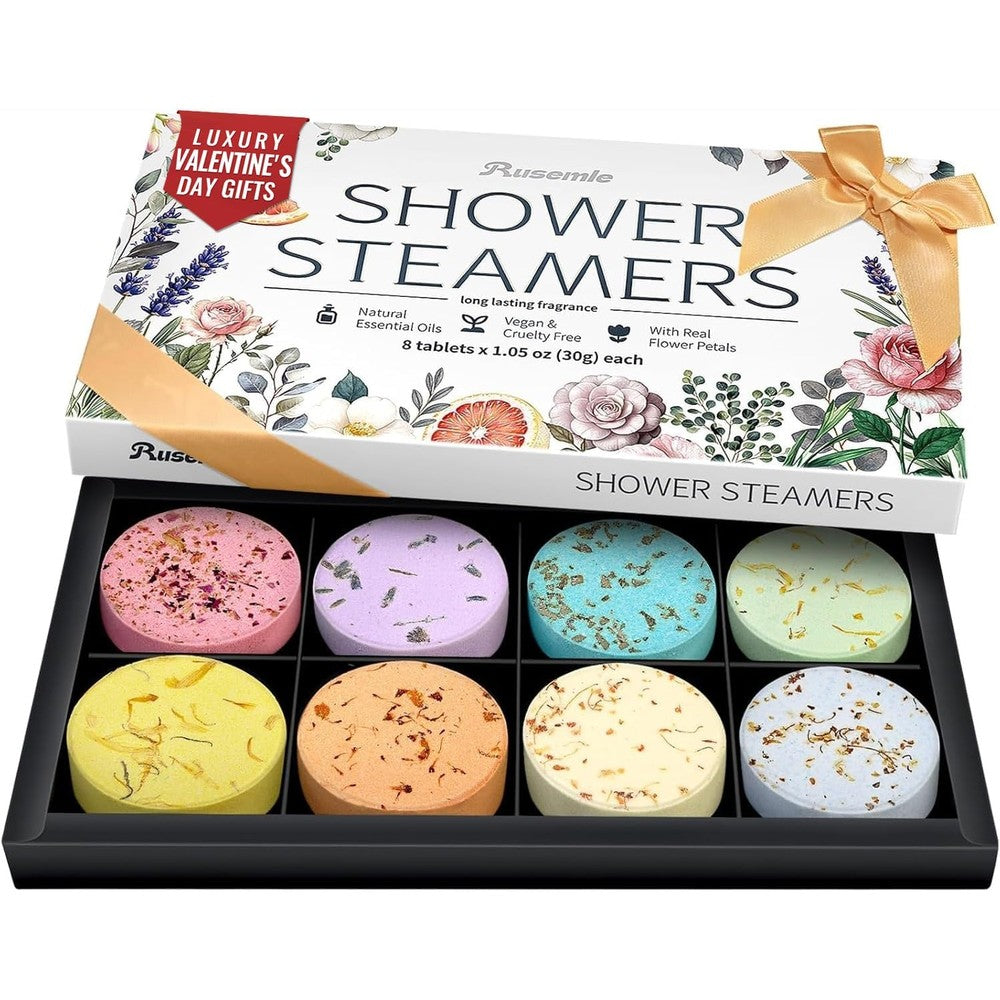 RUSEMLE aromatherapy shower steamers 8 pack premium gift box front view featuring a luxury satin bow design.