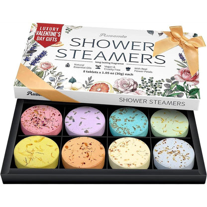 RUSEMLE aromatherapy shower steamers 8 pack premium gift box front view featuring a luxury satin bow design.