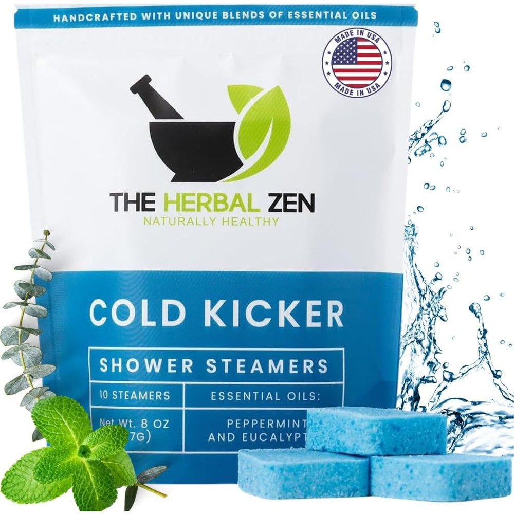 The Herbal Zen Cold Kicker Shower Steamers front view package of ten blue tablets for aromatherapy