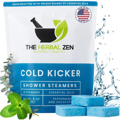 The Herbal Zen Cold Kicker Shower Steamers front view package of ten blue tablets for aromatherapy