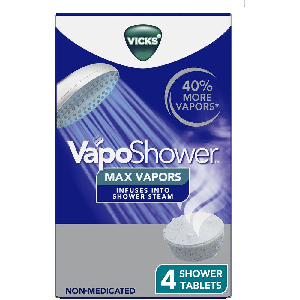Vicks VapoShower Max Tablets front view package containing four non medicated eucalyptus shower steamers