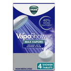 Vicks VapoShower Max Tablets front view package containing four non medicated eucalyptus shower steamers